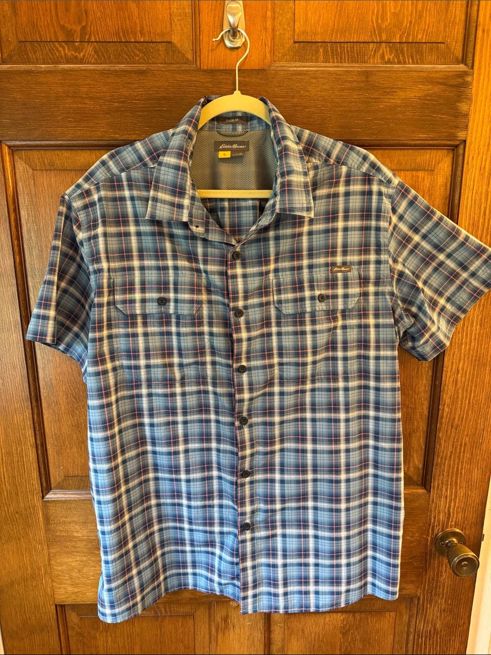 Eddie Bauer Blue Plaid Short-Sleeve Button-Down Shirt